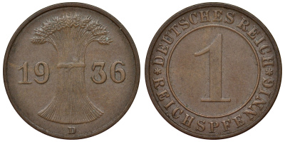 Германия 1 рейхспфенниг 1936 D KM 37, J. 313 бронза 4124-133