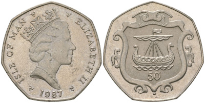Остров Мэн 50 пенсов 1987 Елизавета II (1952-2022) KM 148 медно-никель UNC 4044-824