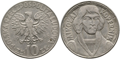 Польша 10 злотых 1968 MW, Николай Коперник KM 51а медно-никель 441-642
