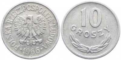 Польша 10 грошей 1966 MW KM AA47, Parchimowicz 206e алюминий 112-457