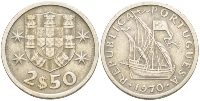 ПОРТУГАЛИЯ 2,5 ЭСКУДО 1970 ПАРУСНИК KM 590 медно-никель 4513-1136