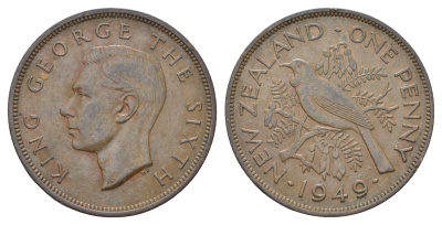 Новая Зеландия 1 пенни 1949 Георг VI (1936-1952), новозеландский туи KM 21 бронза    4403-1234