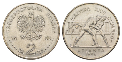Польша 2 злотых 1995 XXVI олимпийские игры 1996 года в Атланте, борьба KM 303 медно-никель  UNC  413-5434