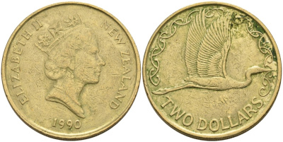 Новая Зеландия 2 доллара 1990 Елизавета II (1952-2022), большая белая цапля KM 79 алюминиевая бронза 53-935