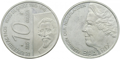 Нидерланды 10 гульденов 1995 300 лет со дня смерти Хьюго Грута, королева Беатрикс KM 220 серебро UNC 413-3944