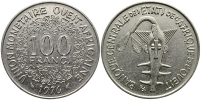 ВАЛЮТНЫЙ СОЮЗ СТРАН ЗАПАДНОЙ АФРИКИ 100 ФРАНКОВ 1976 KM 4 никель 3336-215