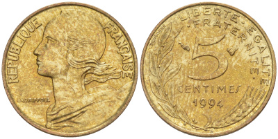 Франция 5 сантимов 1994 ТИП MARIANNE KM 933, le Frank 125.36 медь алюминий никель 100-821