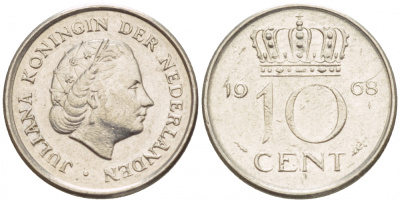 НИДЕРЛАНДЫ 10 ЦЕНТОВ 1968 ЮЛИАНА KM 182 никель 4547-841