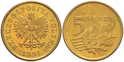 ПОЛЬША 5 ГРОШЕЙ 1991 MW KM 278 латунь UNC 4549-117