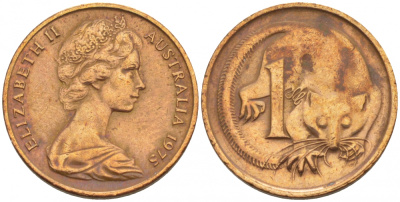 АВСТРАЛИЯ 1 ЦЕНТ 1975 ЕЛИЗАВЕТА II, МОЛОДОЙ ПОРТРЕТ, ОПОССУМ КМ 62 бронза 4547-968