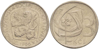 ЧЕХОСЛОВАКИЯ 3 КРОНЫ 1966 СОЦИАЛИСТИЧЕСКАЯ РЕСПУБЛИКА KM 57 медно-никель 110-436