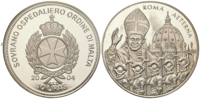 Мальтийский орден 10 лир 2004 Жизнь Папы, Иоанн Павел II - Папа и швейцарские гвардейцы, тираж 5.000 экземпляров медно-никель PROOF 1529-1233