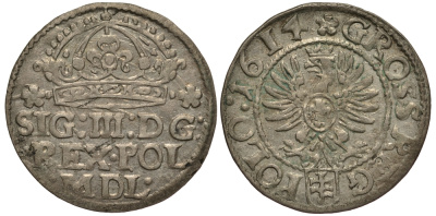ПОЛЬША 1 ГРОШ 1614 СИГИЗМУНД III (1587-1632), ВЕС 1,44 ГР., ПИЛАВА KM 11, Gumowski 949 серебро 1516-1421