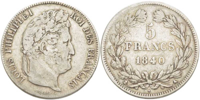 Франция 5 франков 1840 А, Луи Филипп I (1830-1848) KM 749.1 серебро 1515-435