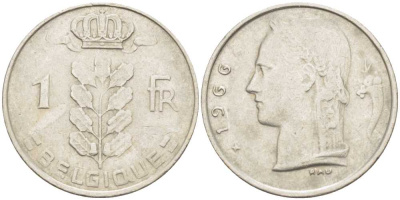 БЕЛЬГИЯ 1 ФРАНК 1966 BELGIQUE, БОДУЭН I (1951-1993) KM 142.1 медно-никель 213-521