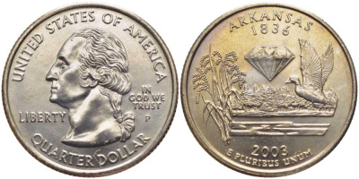 США 25 центов = квотер 2003 P, серия штаты США, штат Арканзас KM 347 медь плакированная медно-никелем UNC M20-9