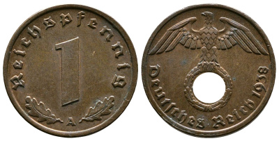 Германия 1 рейхспфенниг 1938 A KM 89, J. 361 бронза    220-263