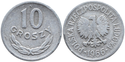 Польша 10 грошей 1966 MW KM AA47, Parchimowicz 206e алюминий 4392-369