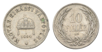 Венгрия 10 филлеров 1894 KB, Франц Иосиф I (1848-1916) KM 482 никель 4665-718