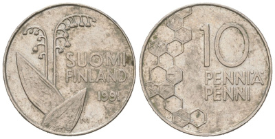 Финляндия 10 пенни 1991 M KM 65 медно-никель 218-1123
