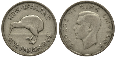 Новая Зеландия 1 флорин 1940 Георг VI (1936-1952), птичка киви KM 10.1 серебро 272-1513