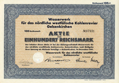 Германия 100 рейхсмарок 1941 Гидротехнические сооружения для угольного месторождения Гельзенкирхен в Северной Вестфалии, акция   бумага   8802-35-1