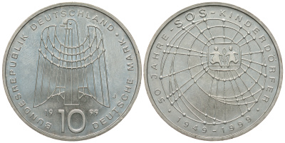 ФРГ 10 марок 1999 J, 50 лет организации защиты детей KM 198 серебро UNC 413-6224