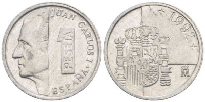 ИСПАНИЯ 1 ПЕСЕТА 1992 ХУАН КАРЛОС I (1975-) KM 832 алюминий 214-114