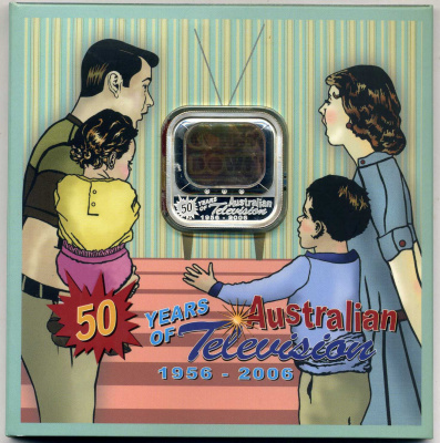 Австралия 1 доллар 2006 50 лет Австралийскому телевидению (цветное переливающееся избражение с 4 кадрами из разных передач, квадратное) серебро PROOF 5-6-1-34