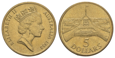 Австралия 5 долларов 1988 Здание парламента KM 102 алюминиевая бронза BU 4184-1033