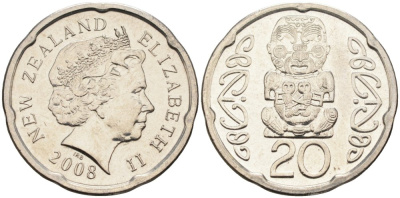 Новая Зеландия 20 центов 2008 Елизавета II (1952-2022), идол Пукаки KM 118а никелированная сталь 4579-1215