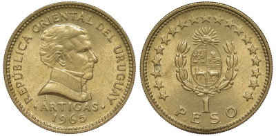 Уругвай 1 песо 1965 KM 46 алюминиевая бронза 106-1222