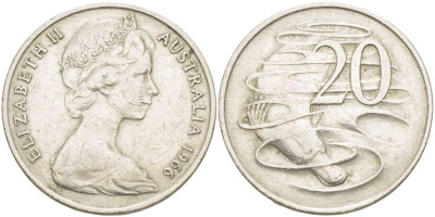 Австралия 20 центов 1966 Елизавета II (1952-2022), утконос KM 66 медно-никель 4521-114