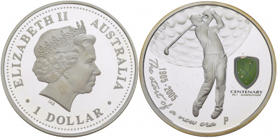 Австралия 1 доллар 2005 100 лет чемпионату мира по гольфу среди профессионалов (Professional Golfer's Association Championship), тираж 7500 экземпляров KM 831 серебро PROOF 1081-4-11