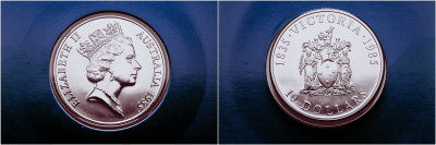 Австралия 10 долларов 1985 серия 150 лет Австралии, штат Виктория, запайка, в оригинальном буклете KM 85 серебро BUNC 3-4-7-30