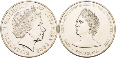 Гернси 5 фунтов 2002 королева Елизавета, королева мать KM 127 медно-никель UNC 04-092-44