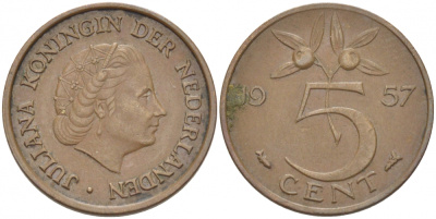 НИДЕРЛАНДЫ 5 ЦЕНТОВ 1957 ЮЛИАНА KM 181 бронза 214-812