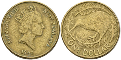 Новая Зеландия 1 доллар 1990 Елизавета II (1952-2022), птица киви KM 78 алюминиевая бронза 29-517