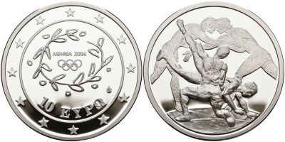 Греция 10 евро 2004 XXVIII летние Олимпийские игры 2004 года в Афинах, борьба KM 203 серебро PROOF 01-167-24