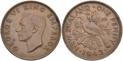 Новая Зеландия 1 пенни 1943 Георг VI (1936-1952), новозеландский туи KM 13 бронза 4368-222