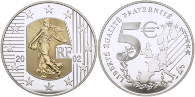 Франция 5 евро 2002 сеятель, карта Европы, золотая вставка, тираж 8408 экземпляра KM 1347 биметалл  PROOF 00-806-27