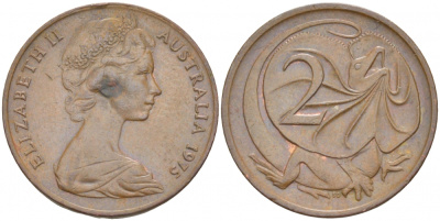 АВСТРАЛИЯ 2 ЦЕНТА 1975 ЕЛИЗАВЕТА II (1953-), ЕЛИЗАВЕТА II, МОЛОДОЙ ПОРТРЕТ, ПЛАЩЕНОСНАЯ ЯЩЕРИЦА (FRILLED LIZARD) KM 63 бронза 4519-444