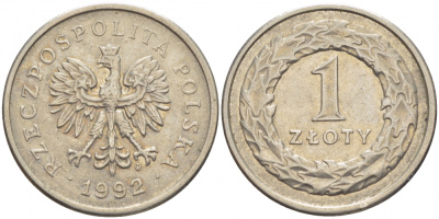 ПОЛЬША 1 ЗЛОТЫЙ 1992 MW KM 282 медно-никель 175-1211