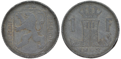 Бельгия 1 франк 1942 Леопольд III, Belgie-Belgique KM 128 цинк 4163-152
