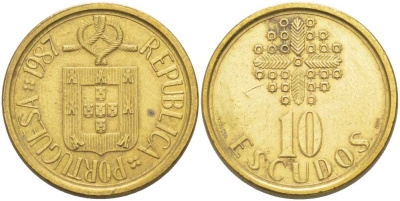 ПОРТУГАЛИЯ 10 ЭСКУДО 1987 KM 633 никель латунь 213-313