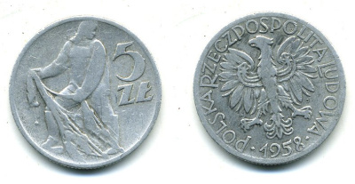 ПОЛЬША 5 ЗЛОТЫХ 1958 MW, РЫБАК KM 47 алюминий 59-141
