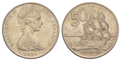 Новая Зеландия 50 центов 1971 Елизавета II (1952-2022), парусник Индевор KM 37 медно-никель 84-1042