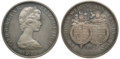 Гибралтар 25 пенсов 1972 серебряная свадьба Елизаветы II и Филиппа (1947-1972) KM 6а серебро PROOF 1091-1-22