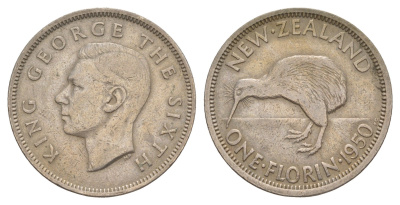 Новая Зеландия 1 флорин = 2 шиллинга 1950 Георг VI (1936-1952), птичка киви KM 18 медно-никель 4650-813