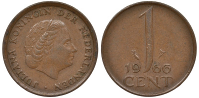 НИДЕРЛАНДЫ 1 ЦЕНТ 1966 ЮЛИАНА KM 180 бронза 62-721